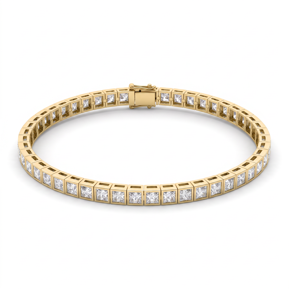 Princess cut bezel tennis bracelet in 14K yellow gold with square Lab-Grown Diamonds and box clasp