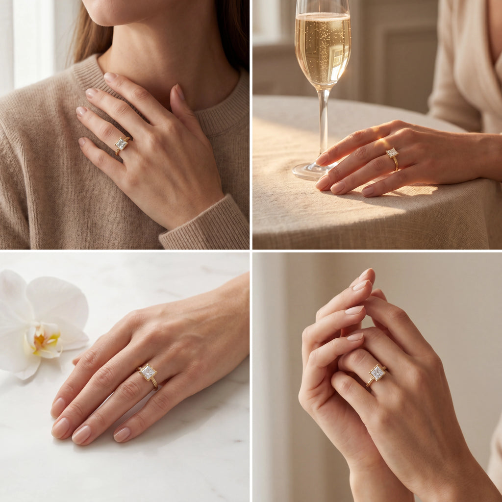 Princess cut Lab-Grown Diamond engagement ring with hand-carved branch band in solid 14K rose gold, front view