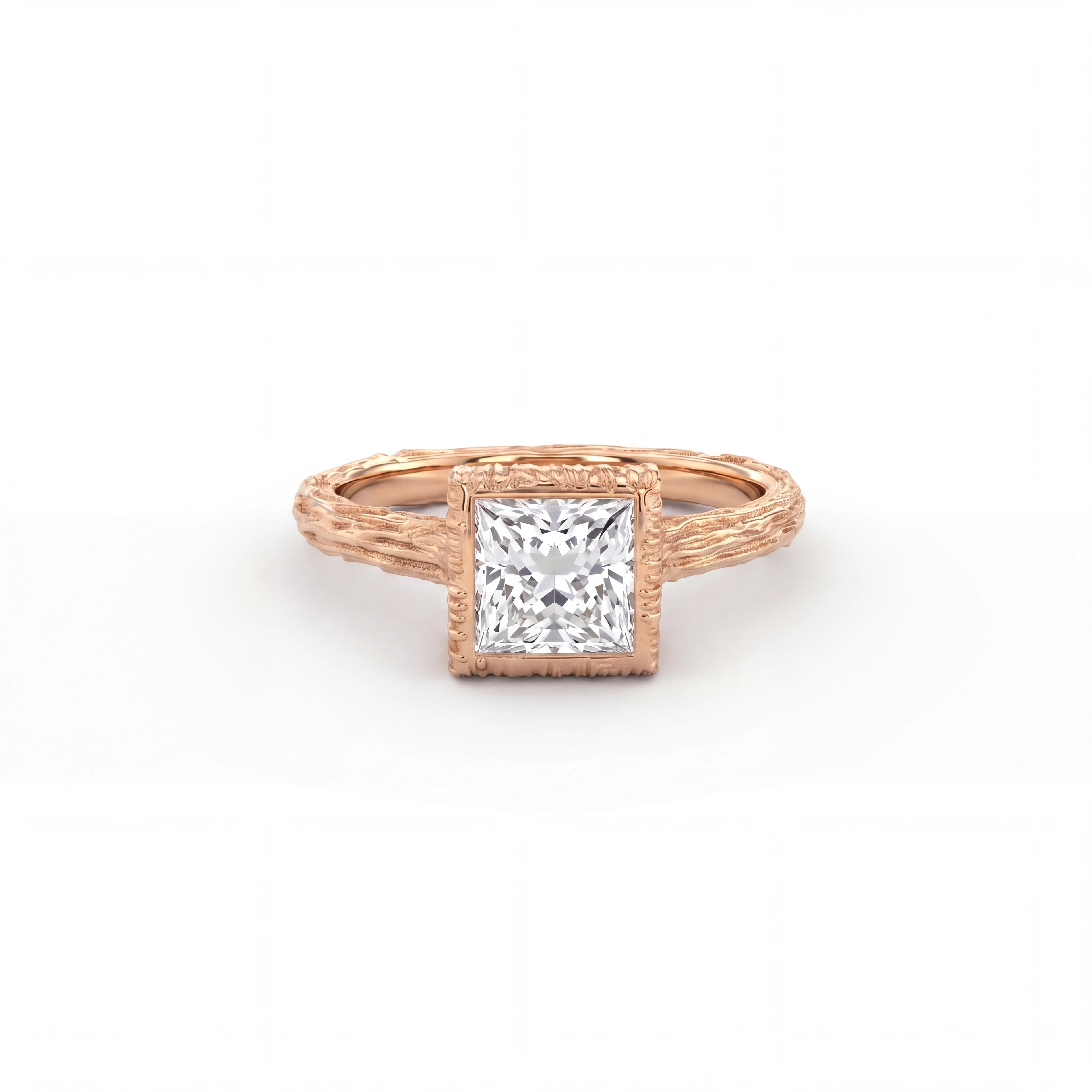 Princess cut Lab-Grown Diamond engagement ring with hand-carved branch band in solid 14K white gold, front view