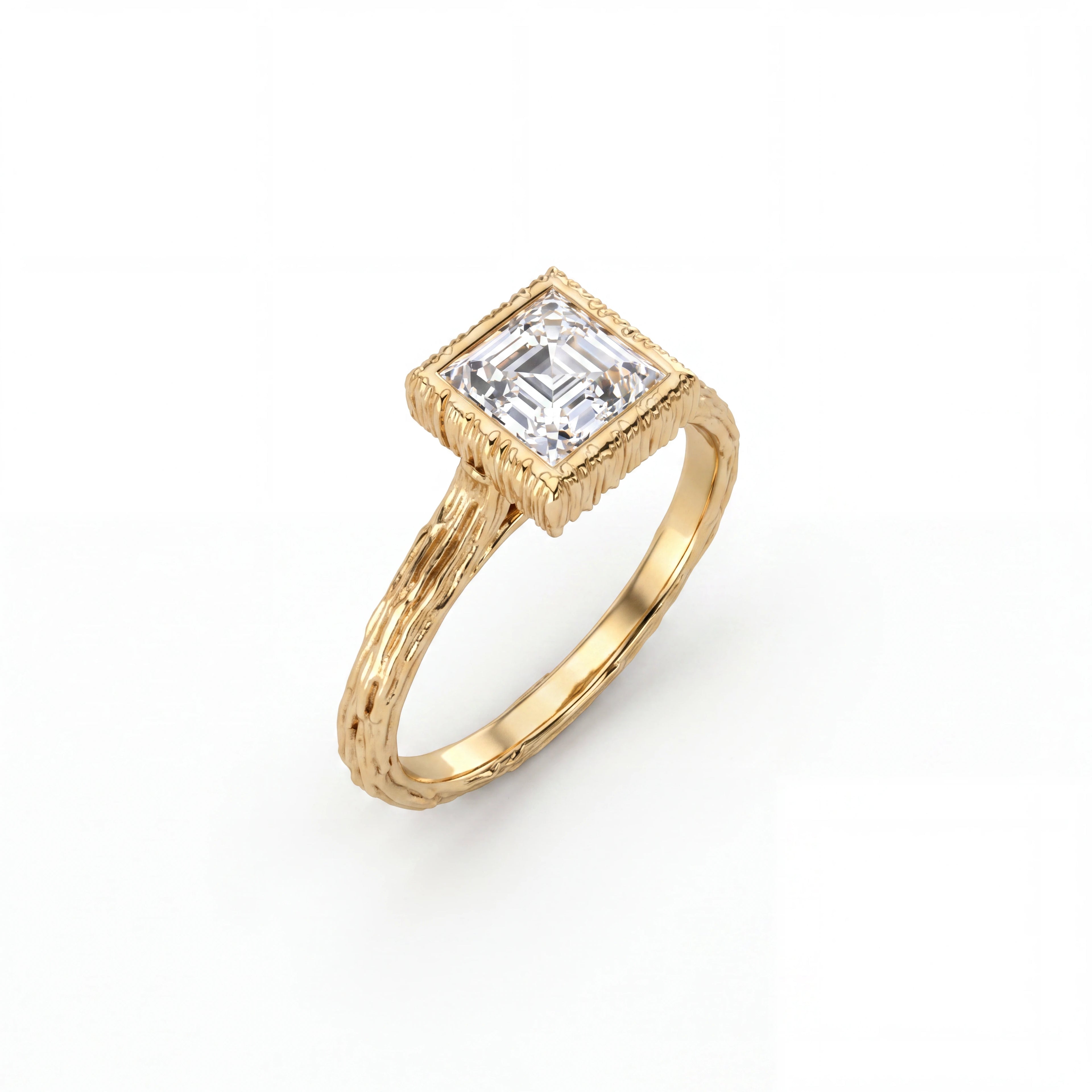 Angled view of princess cut Lab-Grown Diamond engagement ring with branch-textured band in 14K yellow gold