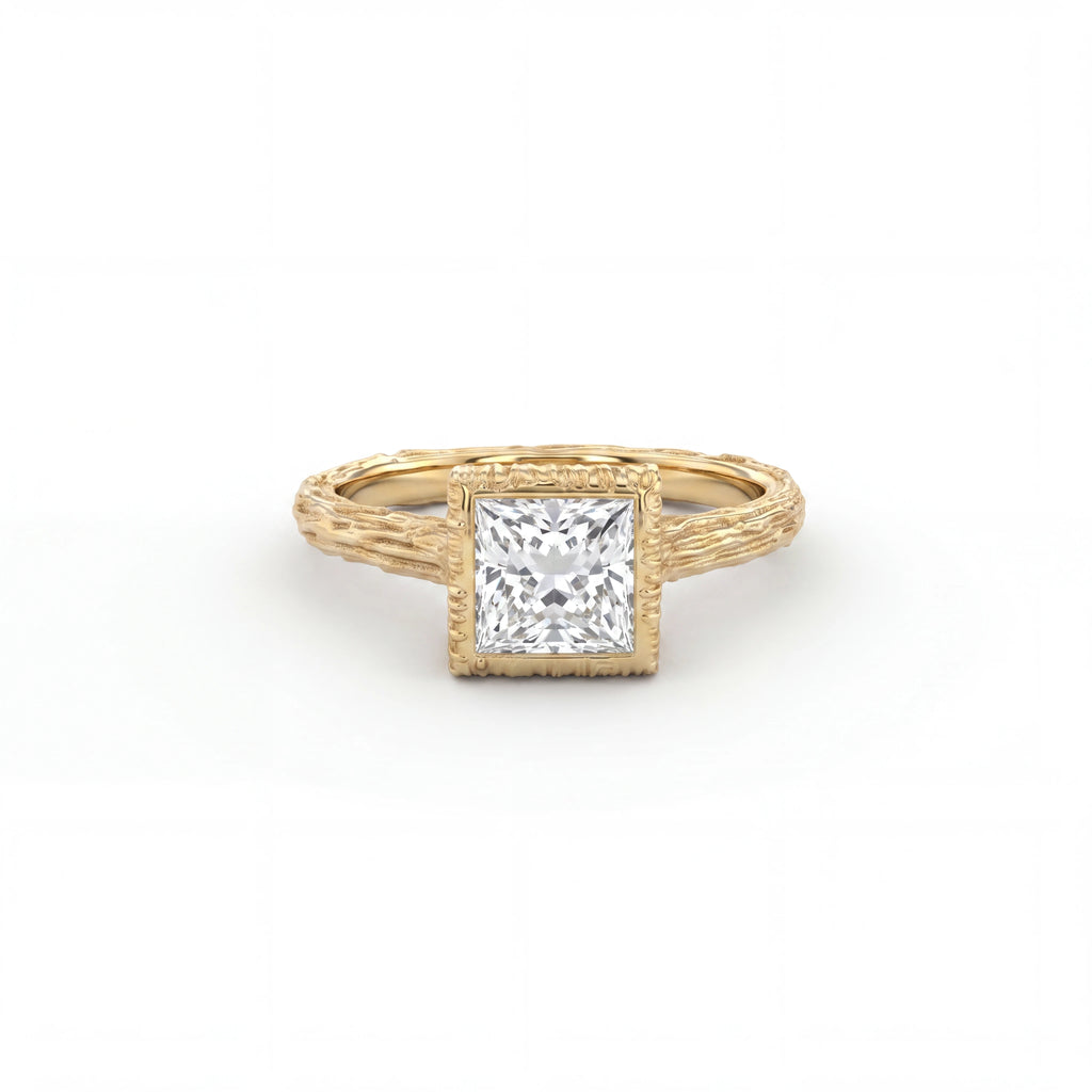 Princess cut Lab-Grown Diamond engagement ring with hand-carved branch band in solid 14K yellow gold, front view