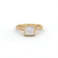 Princess cut Lab-Grown Diamond engagement ring with hand-carved branch band in solid 14K yellow gold, front view