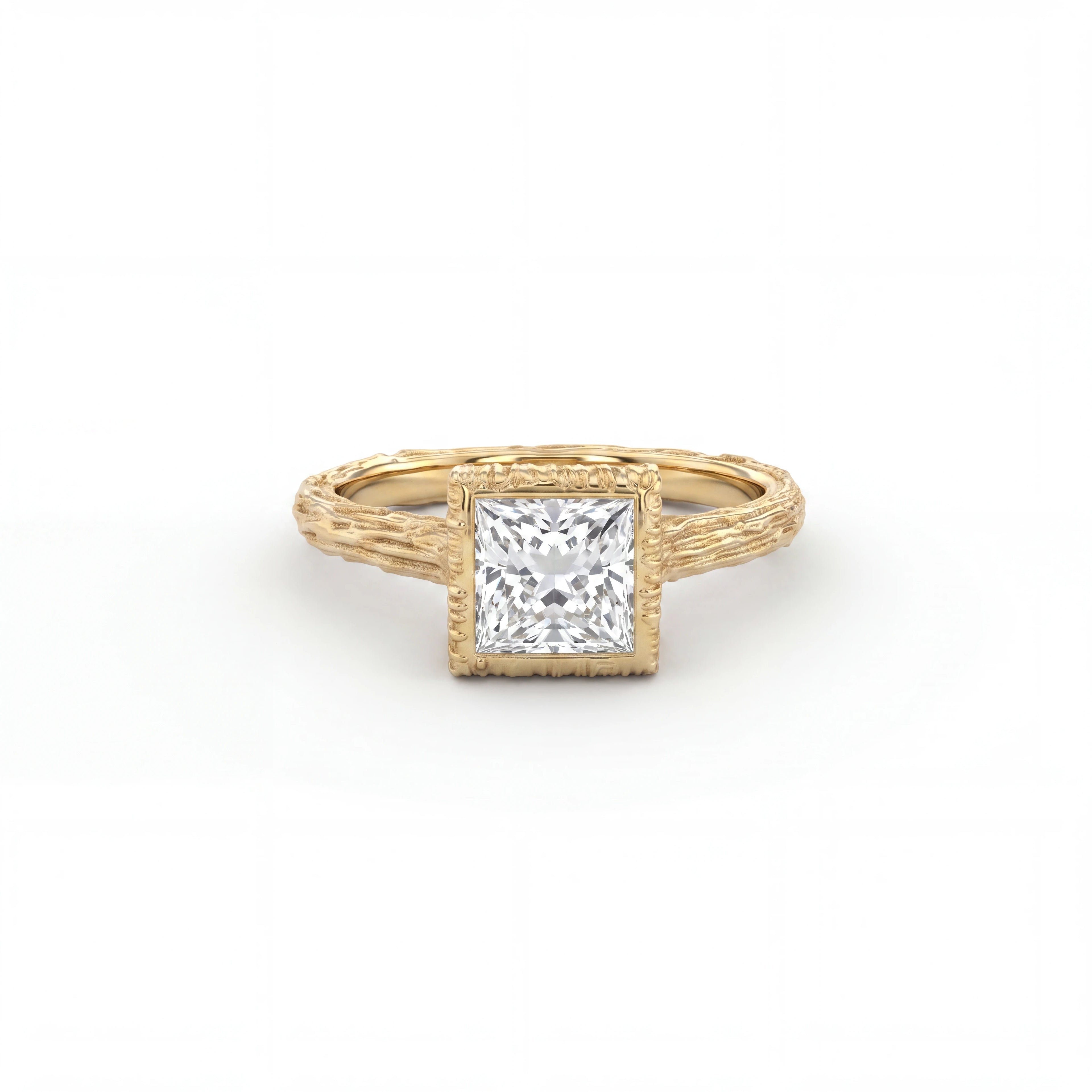 Princess cut Lab-Grown Diamond engagement ring with hand-carved branch band in solid 14K yellow gold, front view