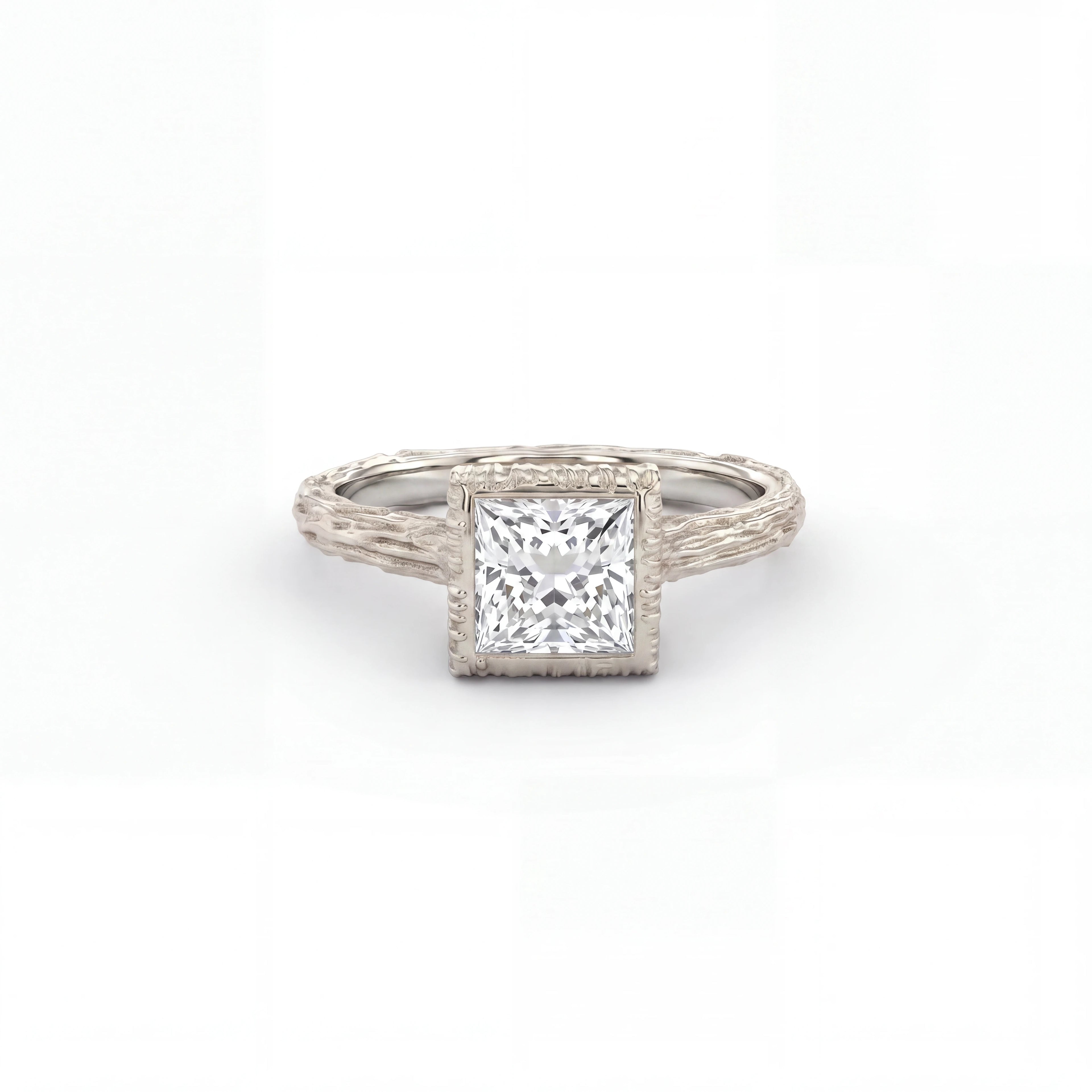 Lifestyle collage of princess cut Lab-Grown Diamond branch band engagement ring worn at neckline, with champagne, orchid, and clasped hands