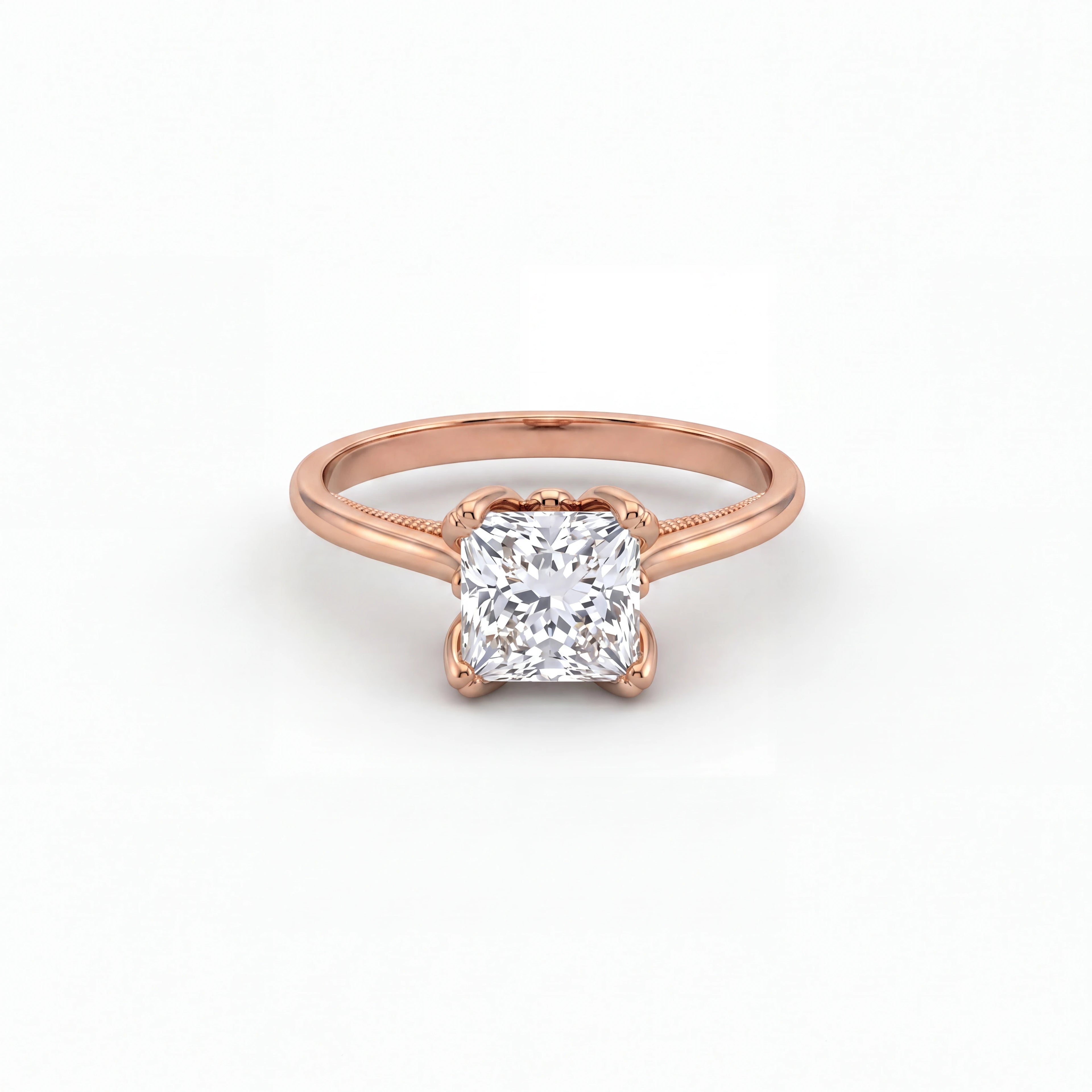 Princess cut lotus prong milgrain Lab-Grown Diamond engagement ring in 14K rose gold, front view — Black Pearl of Queens