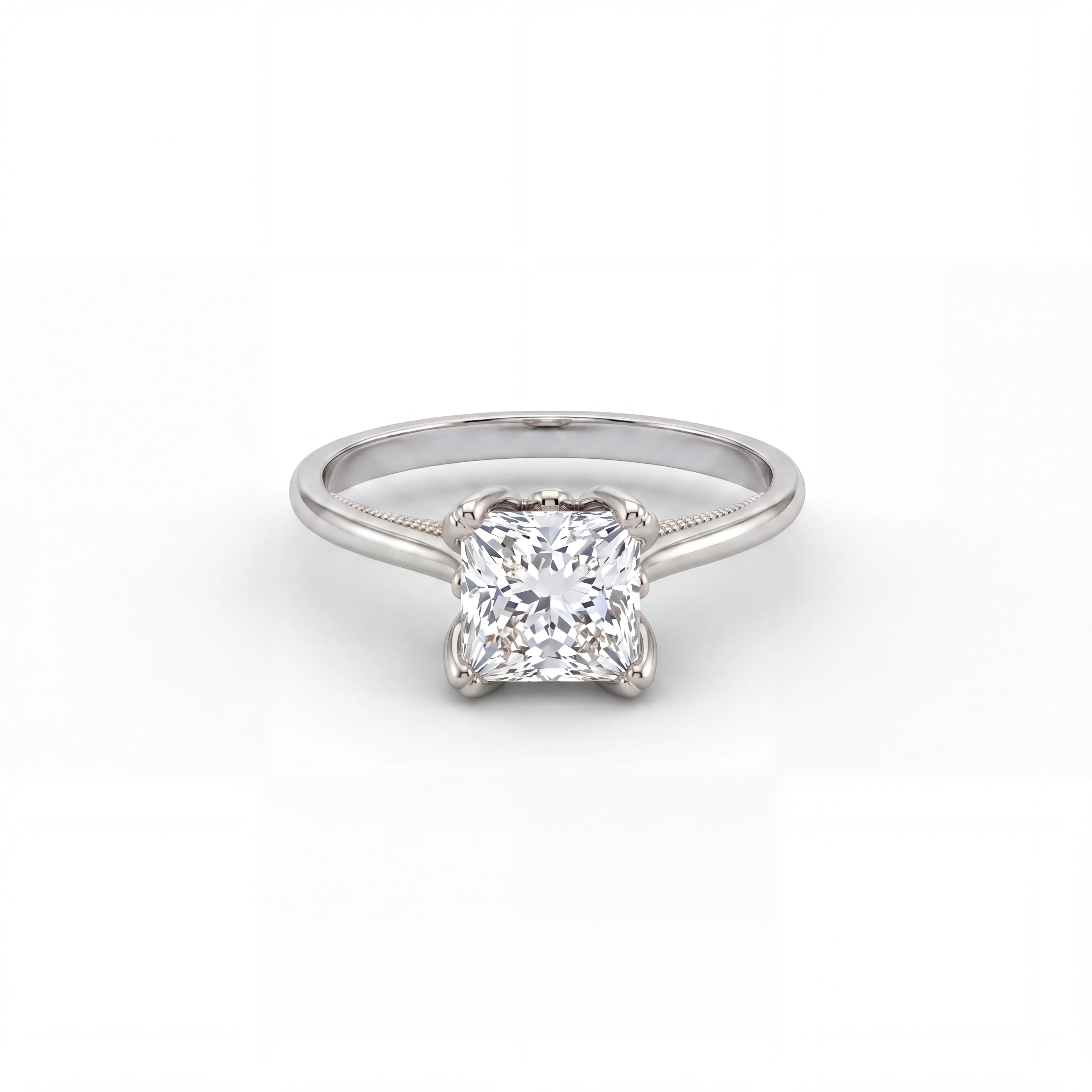 Princess cut lotus prong milgrain Lab-Grown Diamond engagement ring in 14K white gold, front view — Black Pearl of Queens