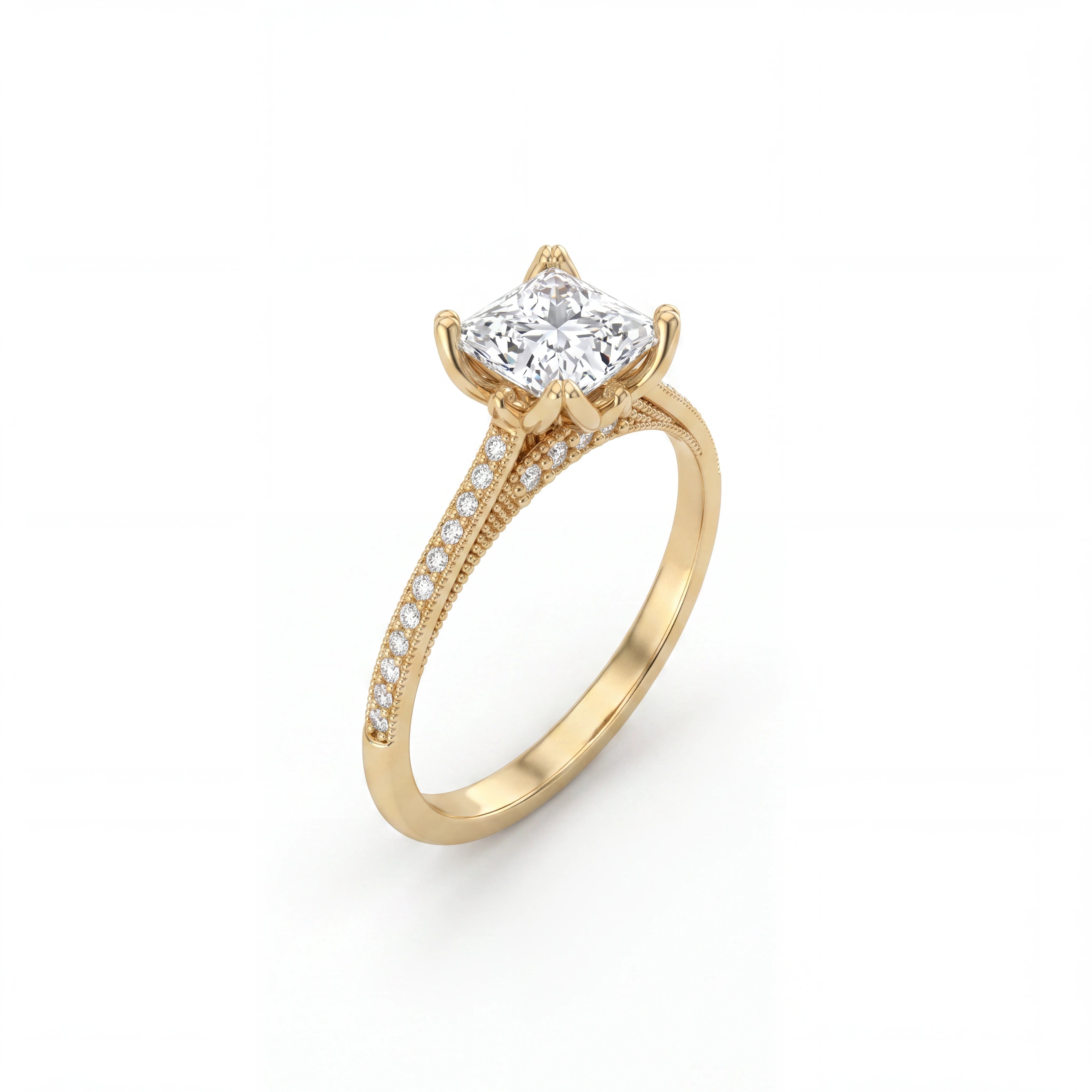 Princess cut lotus prong milgrain Lab-Grown Diamond engagement ring in 14K yellow gold, angled view showing milgrain pavé band detail — Black Pearl of Queens