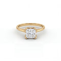 Princess cut lotus prong milgrain Lab-Grown Diamond engagement ring in 14K yellow gold, front view — Black Pearl of Queens