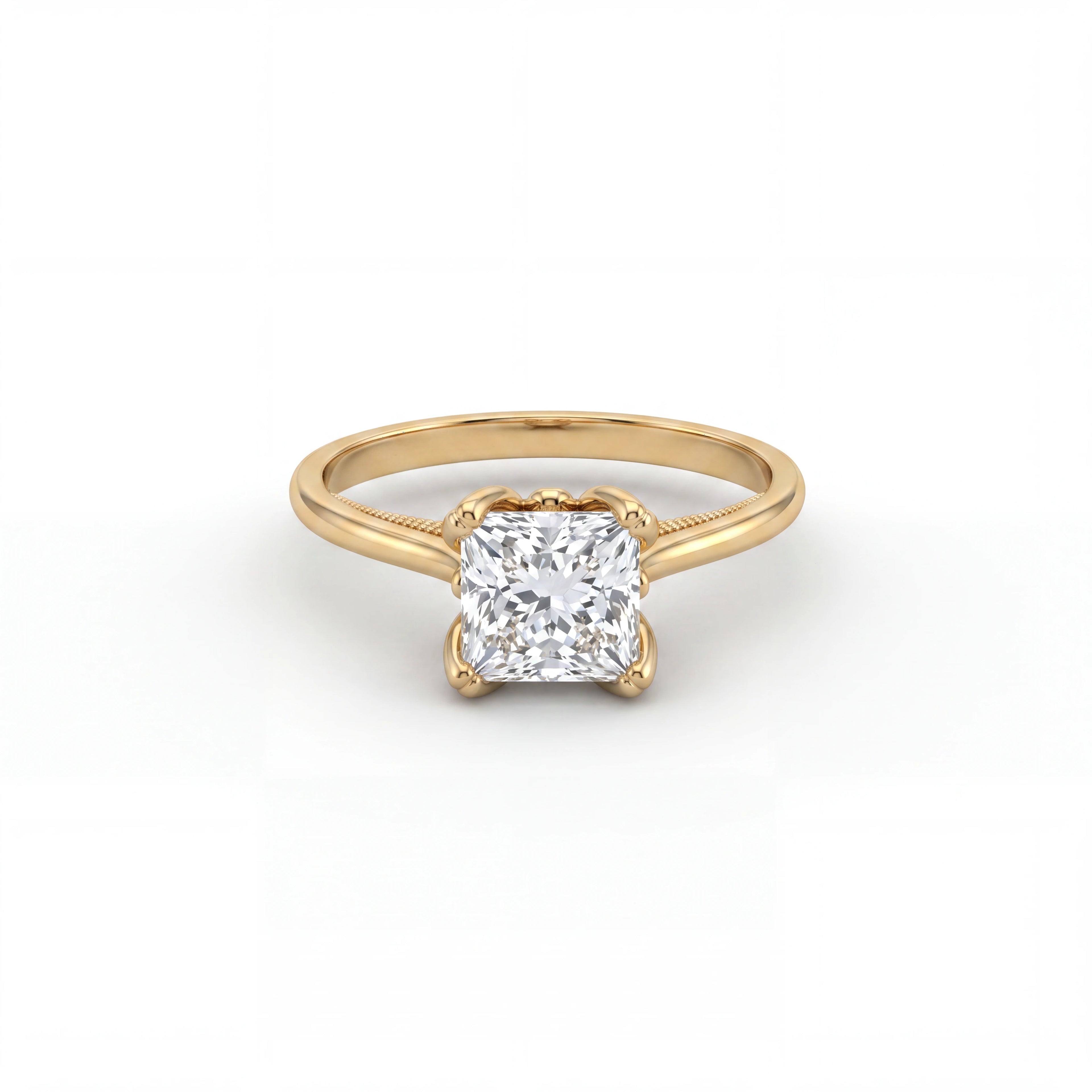 Princess cut lotus prong milgrain Lab-Grown Diamond engagement ring in 14K yellow gold, front view — Black Pearl of Queens