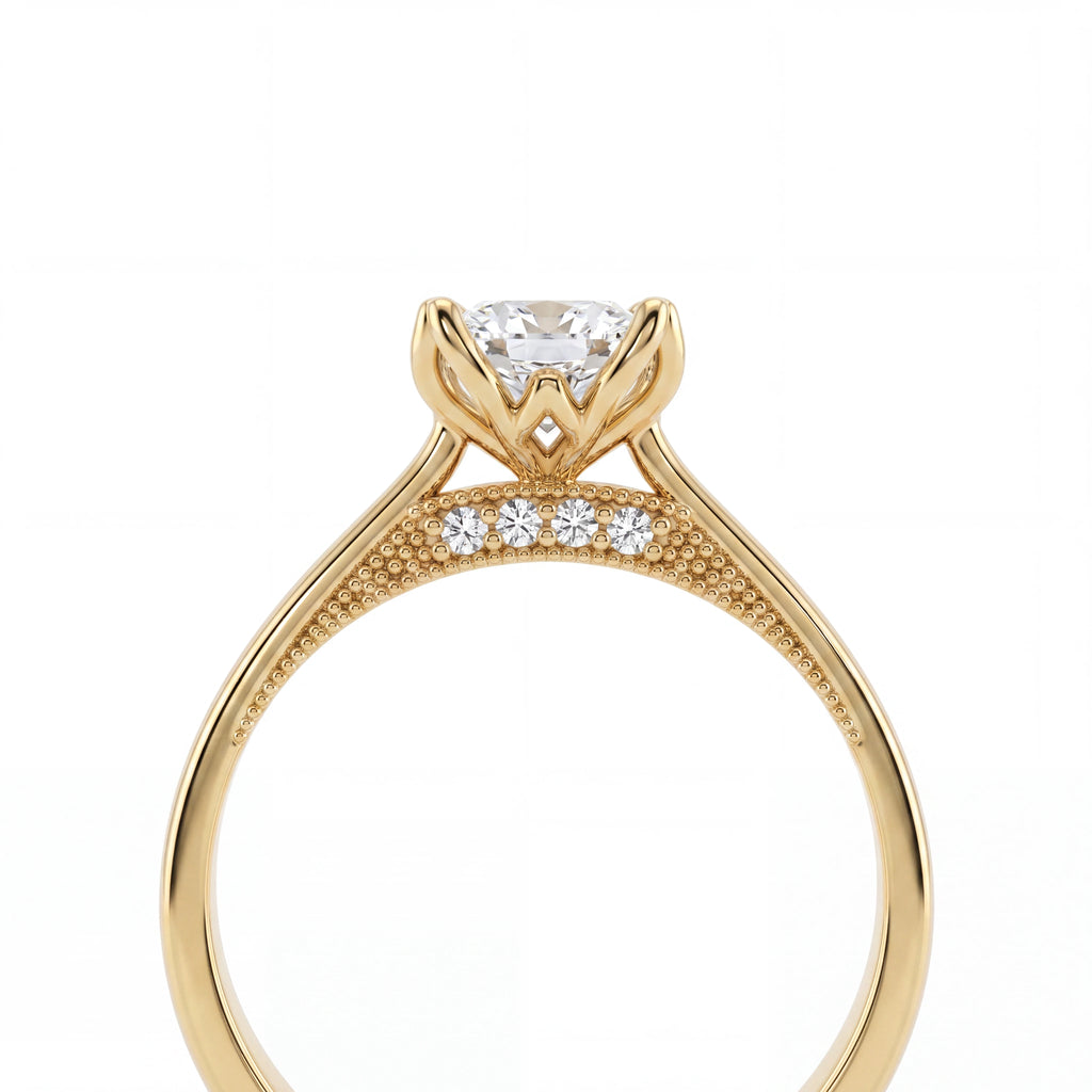 Princess cut lotus prong milgrain Lab-Grown Diamond engagement ring in 14K yellow gold, gallery side view showing diamond accents and milgrain detail — Black Pearl of Queens
