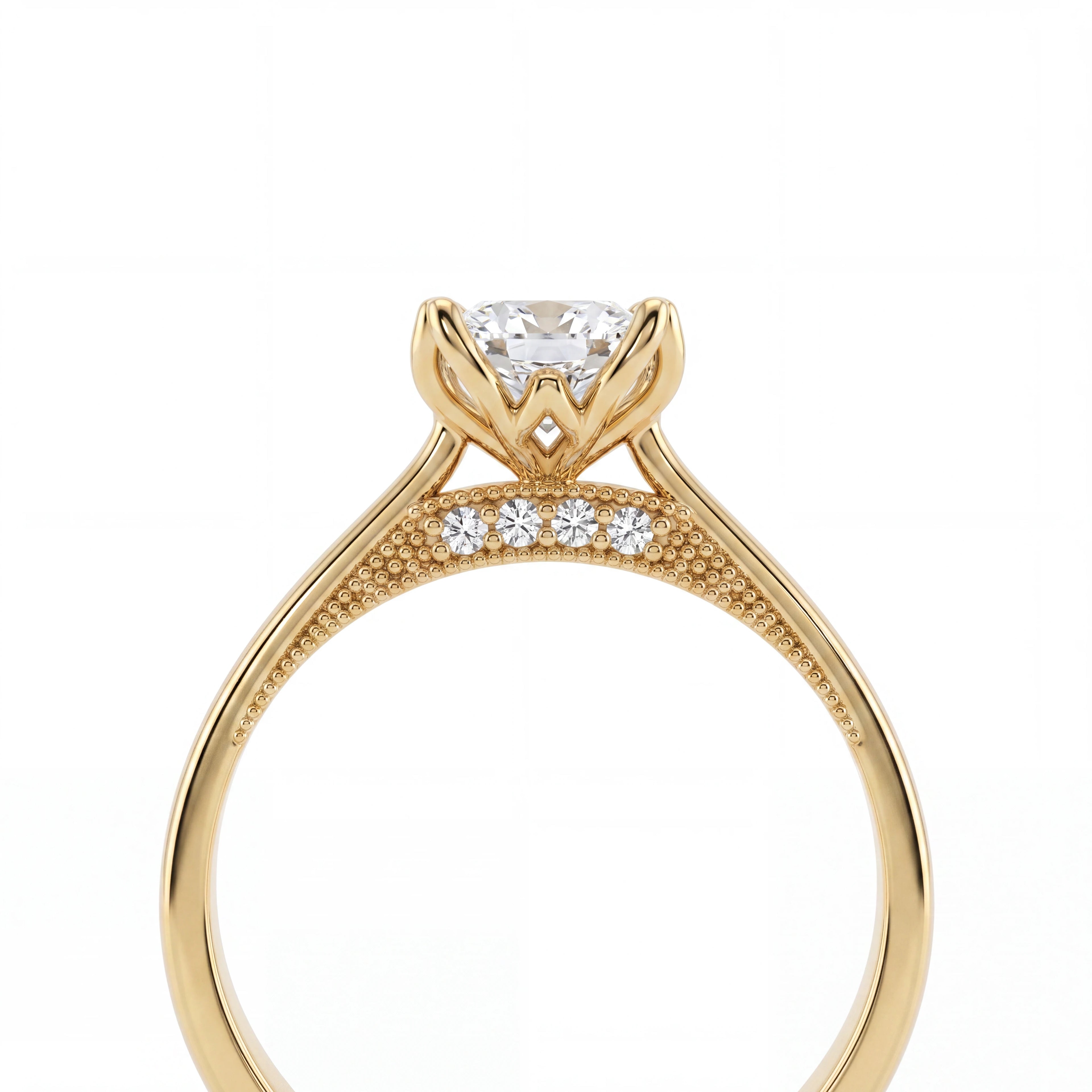 Princess cut lotus prong milgrain Lab-Grown Diamond engagement ring in 14K yellow gold, gallery side view showing diamond accents and milgrain detail — Black Pearl of Queens