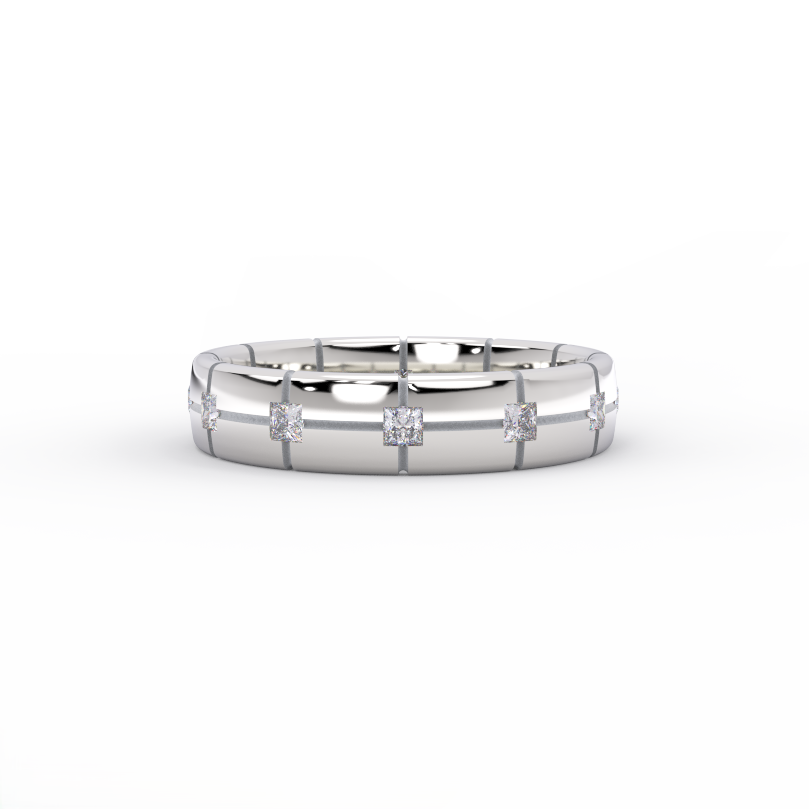 Modern white gold men’s wedding band with square diamonds