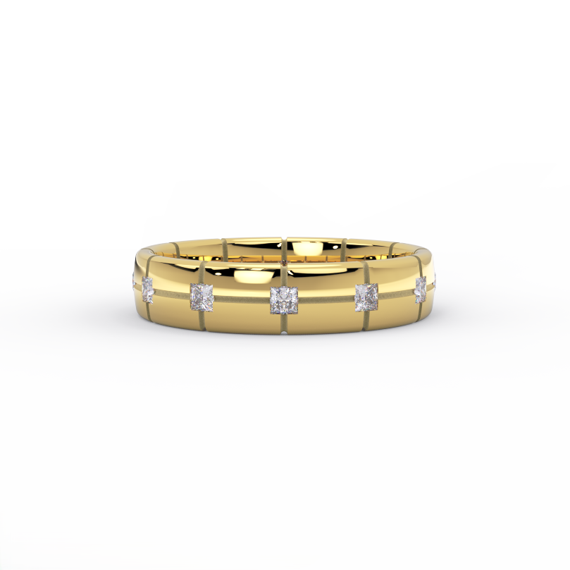 Structured grid men’s wedding band with princess cut diamonds