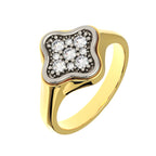quatrefoil diamond cluster ring in 14k yellow gold and platinum angled view

