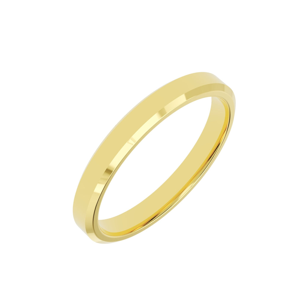 angled view of a 3mm bevel edge women’s wedding band in 14k gold