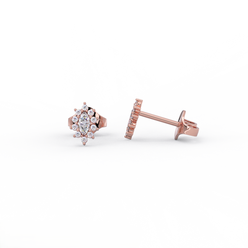 Queens Crown marquise diamond stud earrings in 14K rose gold floral cluster design