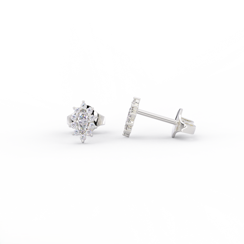 Queens Crown marquise diamond stud earrings in 14K white gold floral halo diamond cluster