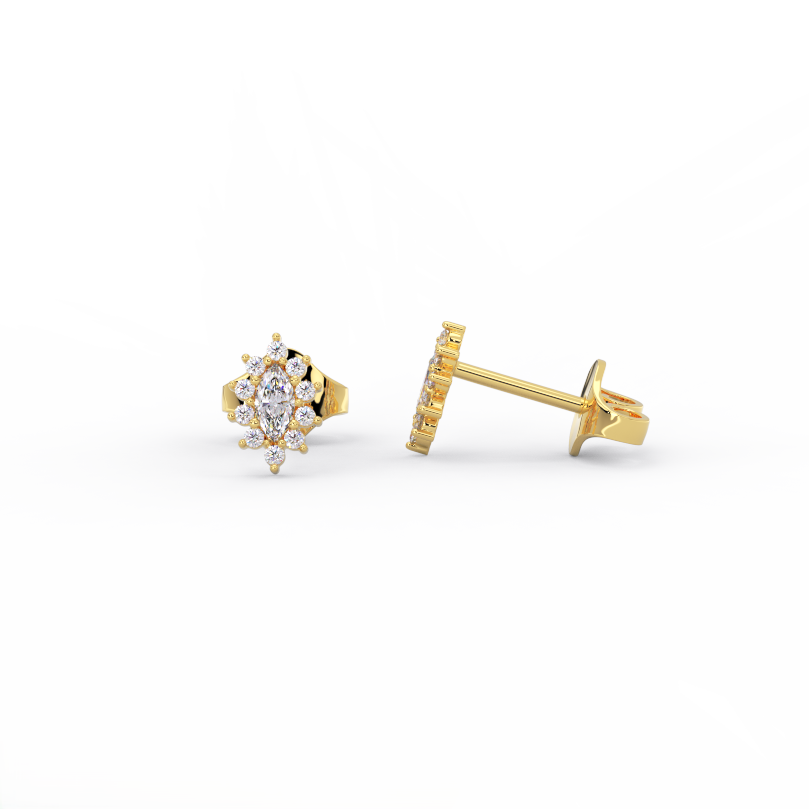 Queens Crown marquise diamond stud earrings in 14K yellow gold halo cluster design