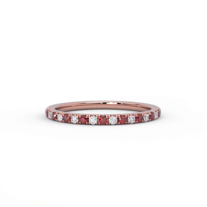 1.5mm ruby and diamond half eternity band in 14K rose gold - front view
