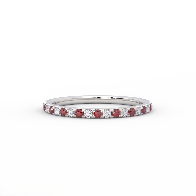 1.5mm ruby and diamond half eternity band in 14K white gold - front view