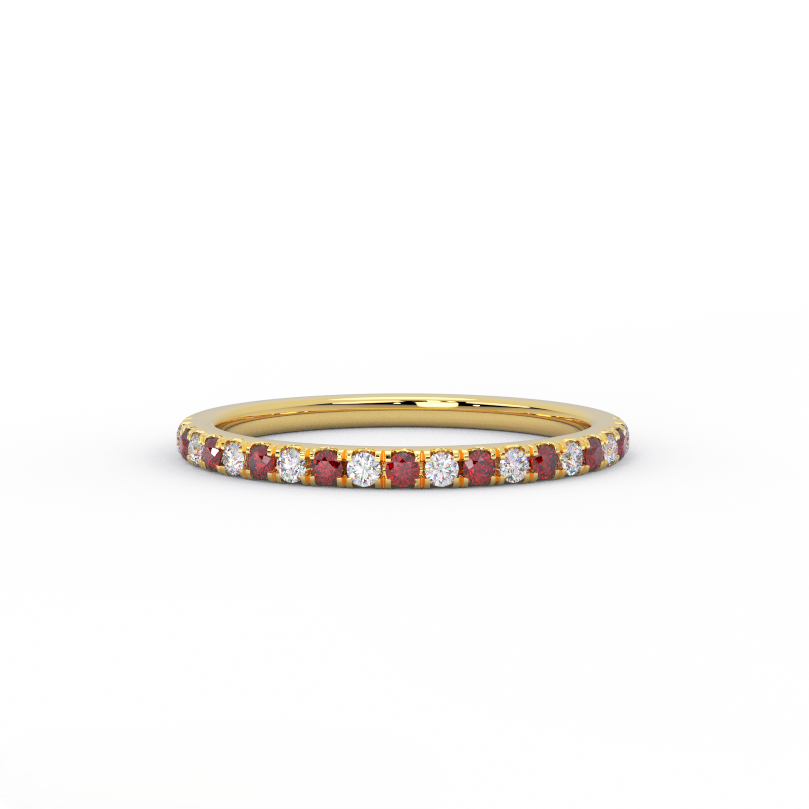 1.5mm ruby and diamond half eternity band in 14K yellow gold - front view