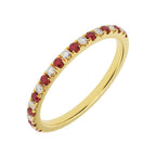 Side angle view of slim ruby diamond half eternity wedding band - angle view