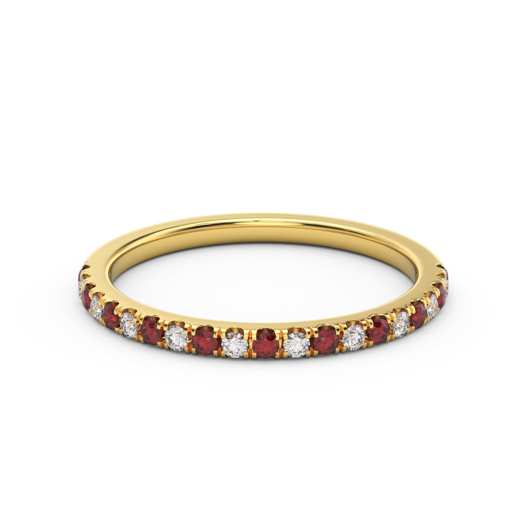 1.5mm ruby and diamond half eternity band in 14K yellow gold