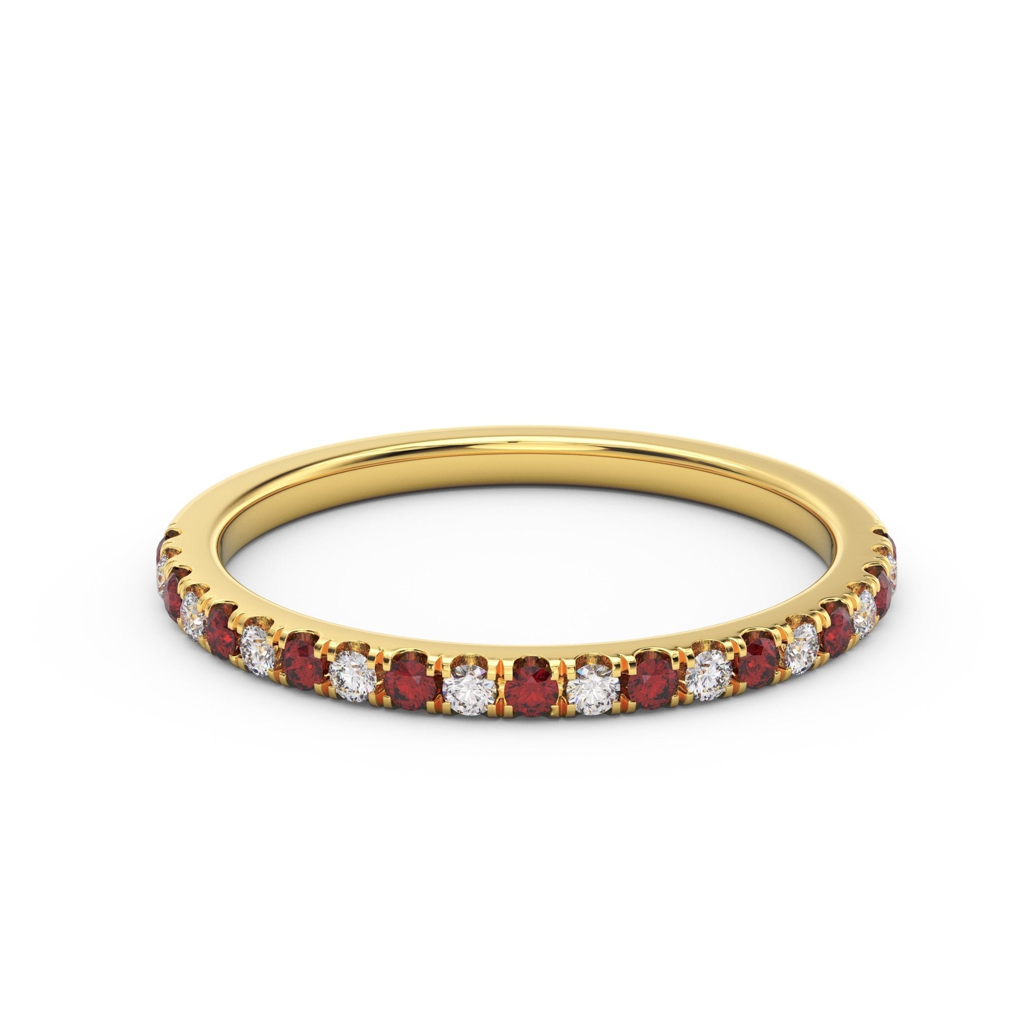 1.5mm ruby and diamond half eternity band in 14K yellow gold