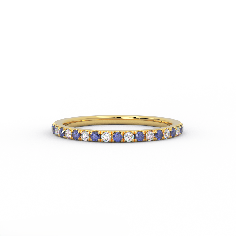 1.5mm sapphire and diamond half eternity band in 14K yellow gold - front view