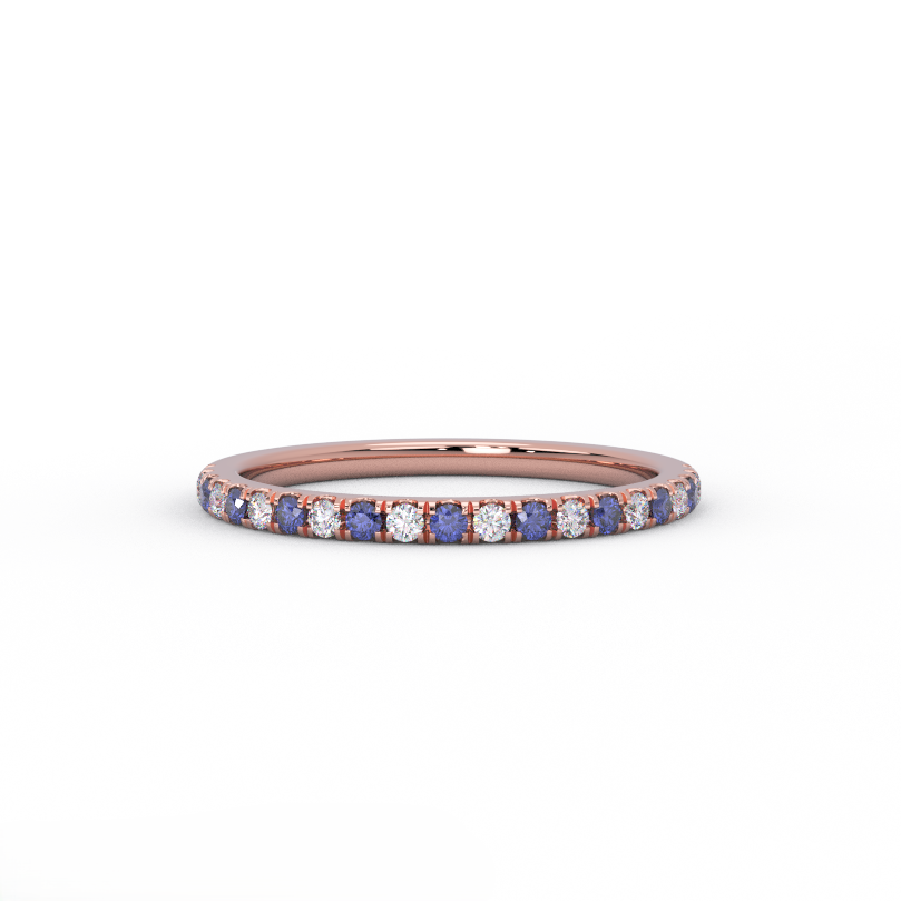 1.5mm sapphire and diamond half eternity band in 14K rose gold - front view