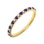 Side angle view of slim sapphire diamond half eternity band 14k yellow gold - angle view