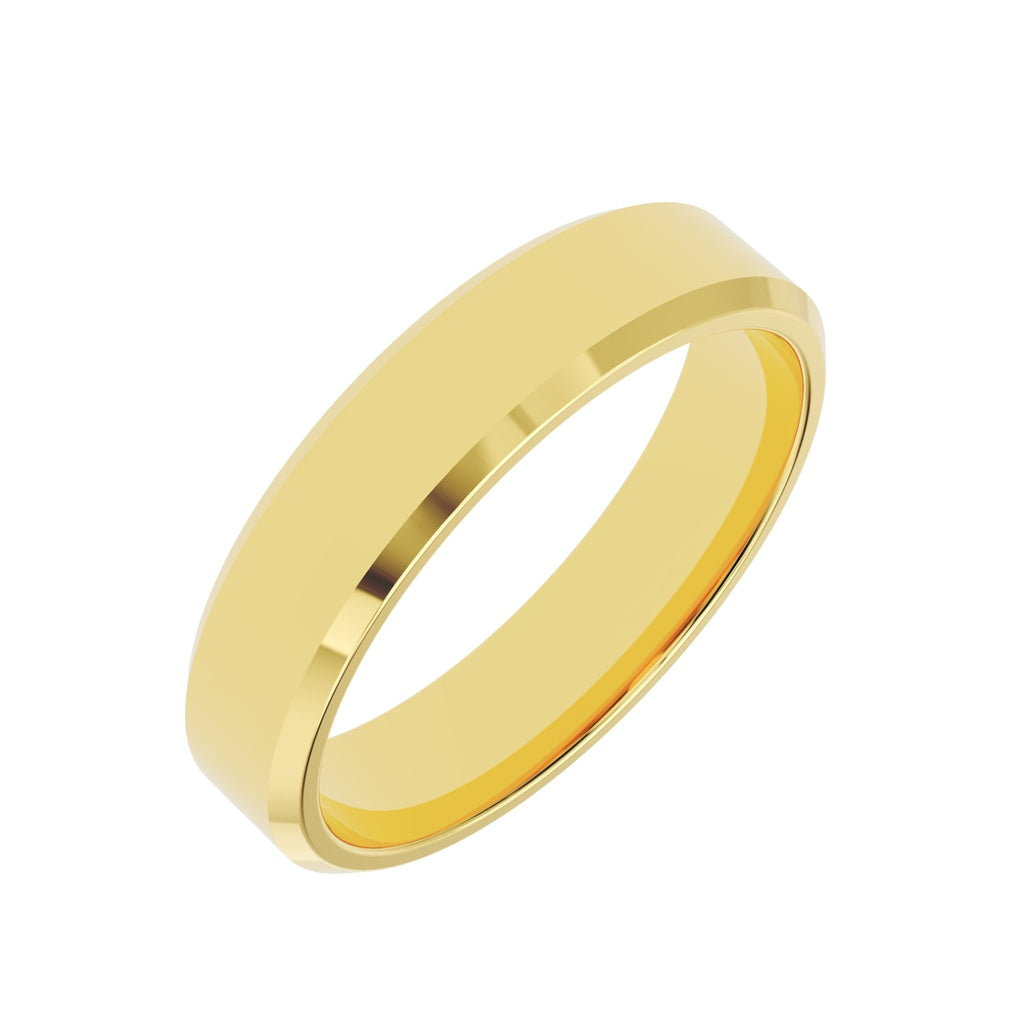 Angled view of a 5mm beveled edge men’s wedding band crafted in solid 14K gold
