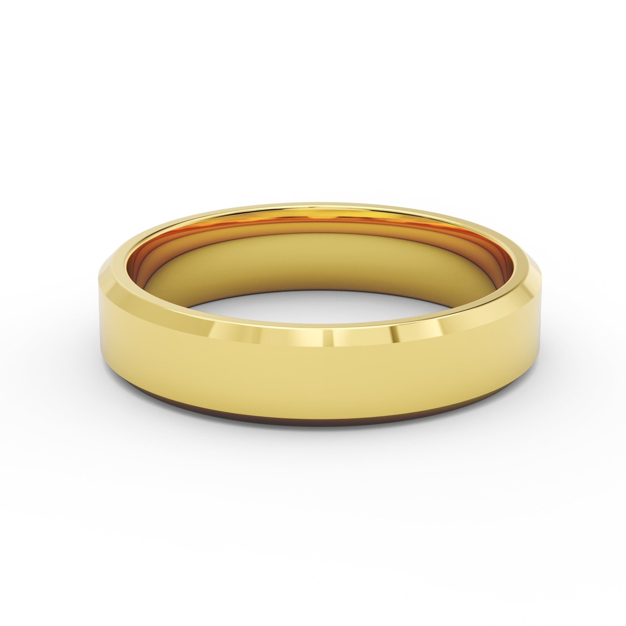 5mm beveled edge men’s wedding band in solid 14K gold with high polish finish