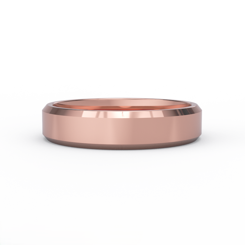 5mm beveled edge men’s wedding band in solid 14K rose gold with high polish finish - front view