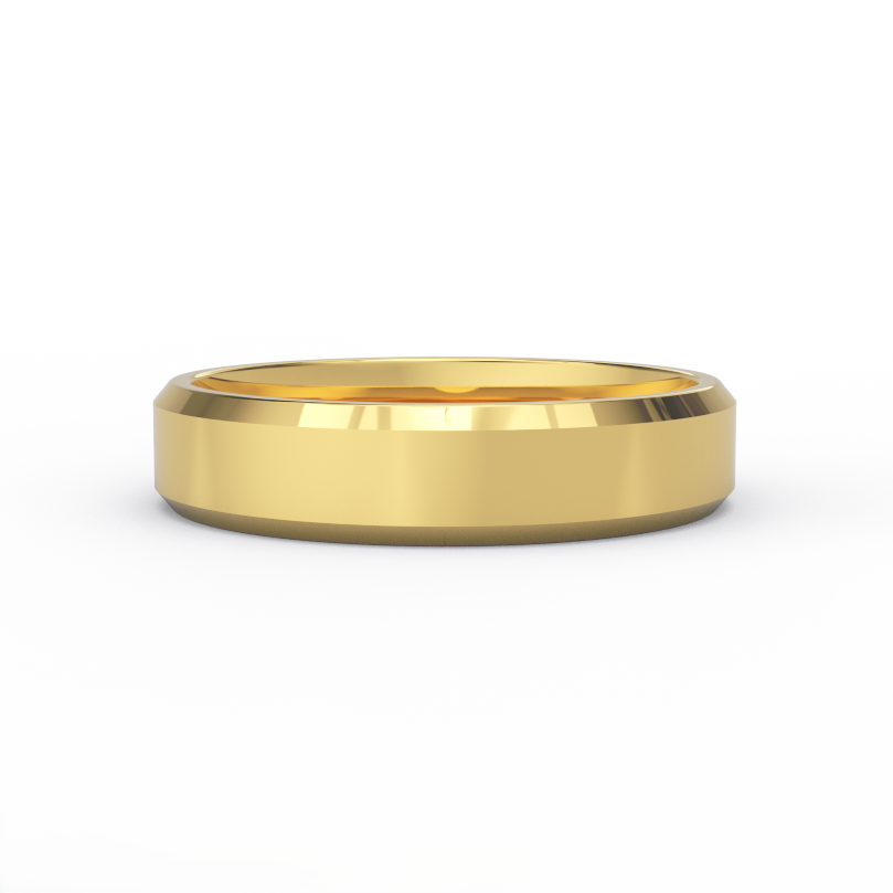 5mm beveled edge men’s wedding band in solid 14K yellow gold with high polish finish - front view