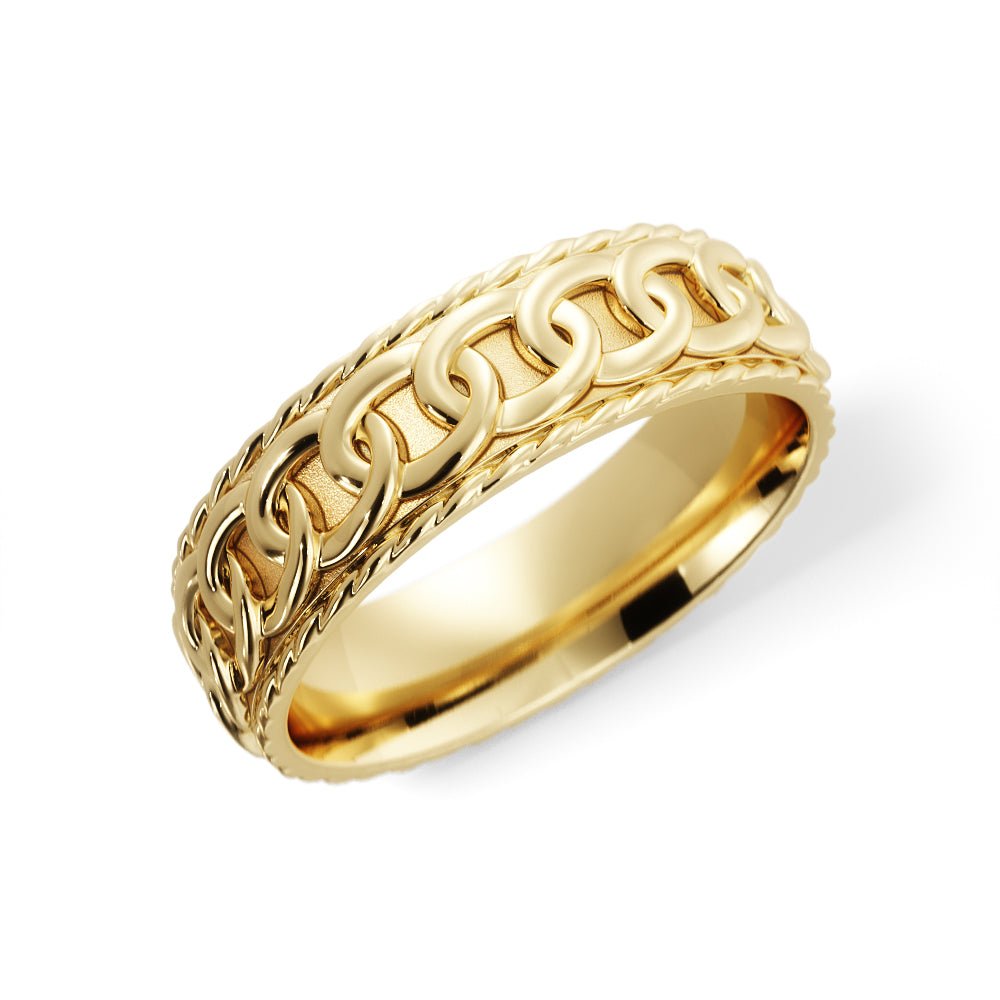 Angled view of Queensboro chain men’s wedding band in 14K gold