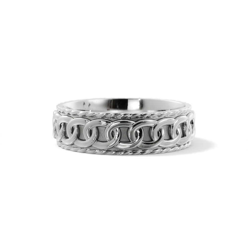 Queensboro chain wedding band in solid 14K white gold - front view
