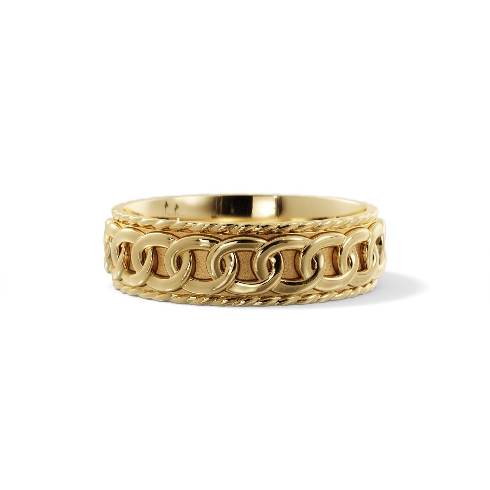 Queensboro chain wedding band in solid 14K yellow gold - front view