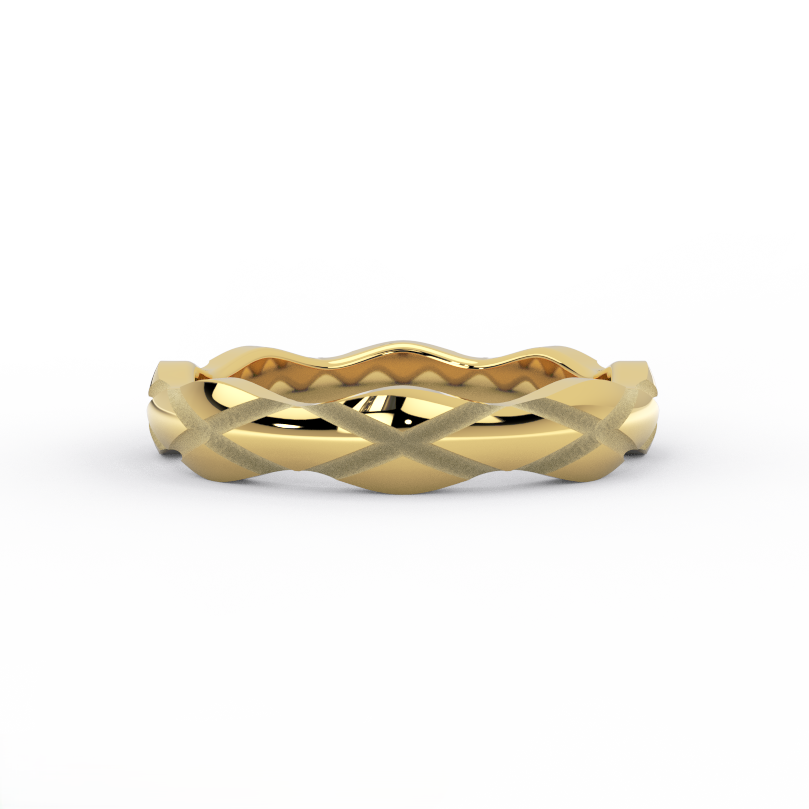x pattern gold wedding band in solid 14K yellow gold – front view