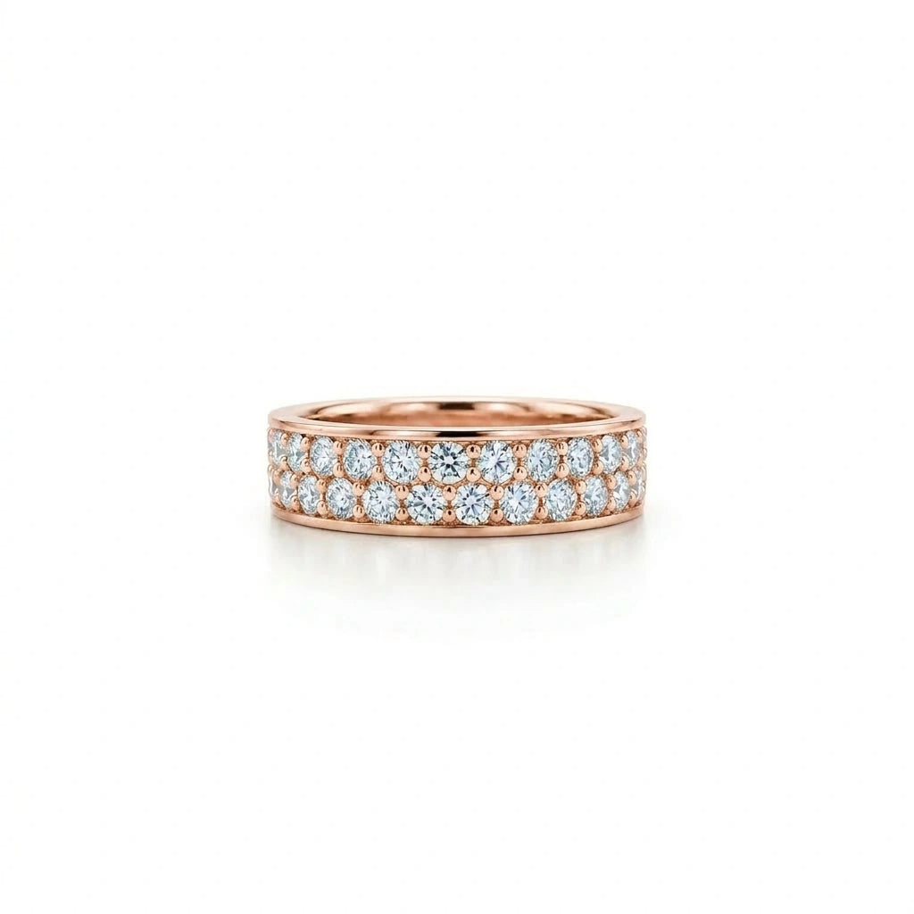 Double row diamond eternity ring in 14k rose gold with pavé set diamonds