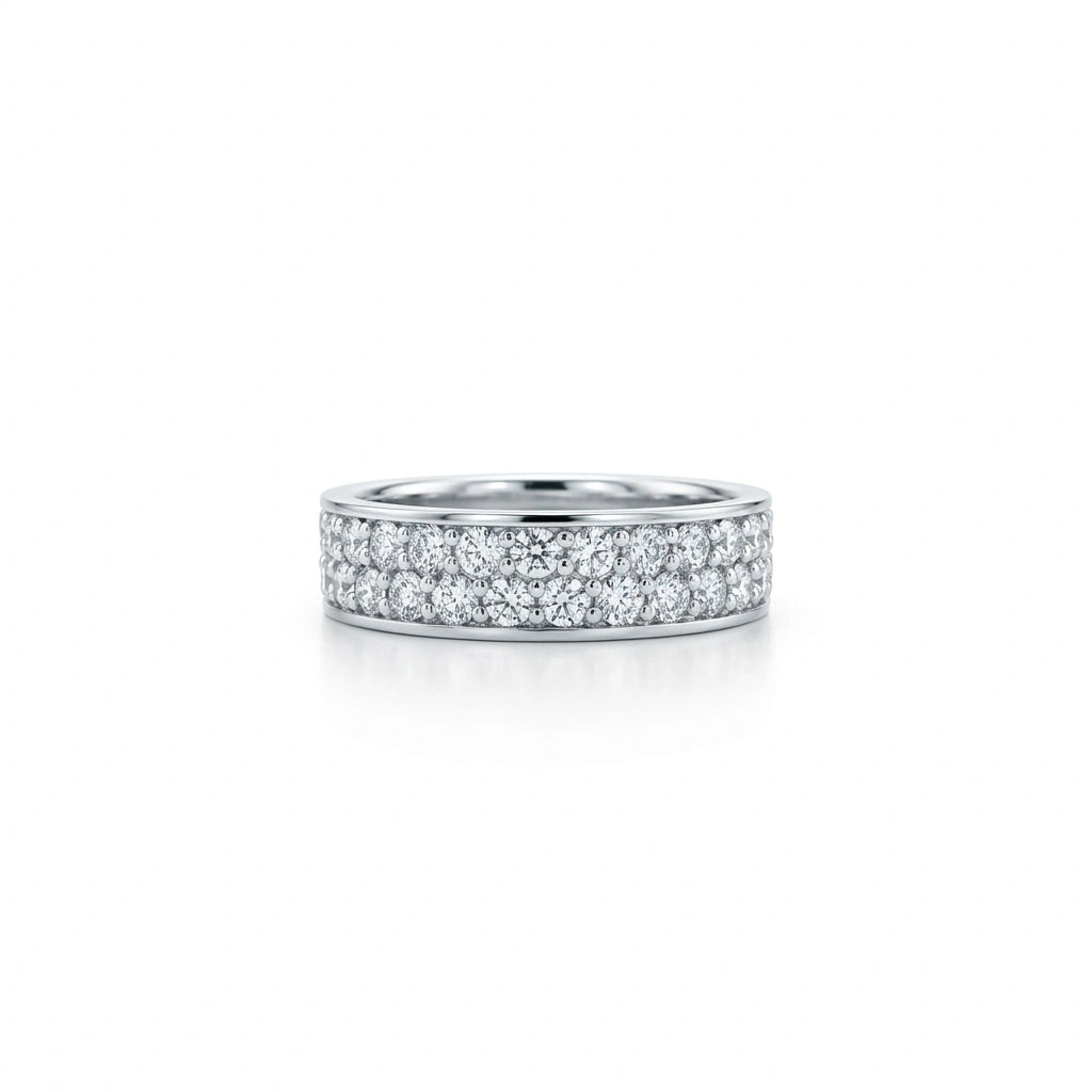 Radiant eternity double row diamond ring in 14k white gold front view