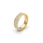 Double row diamond eternity band in yellow gold angled perspective showing pavé setting