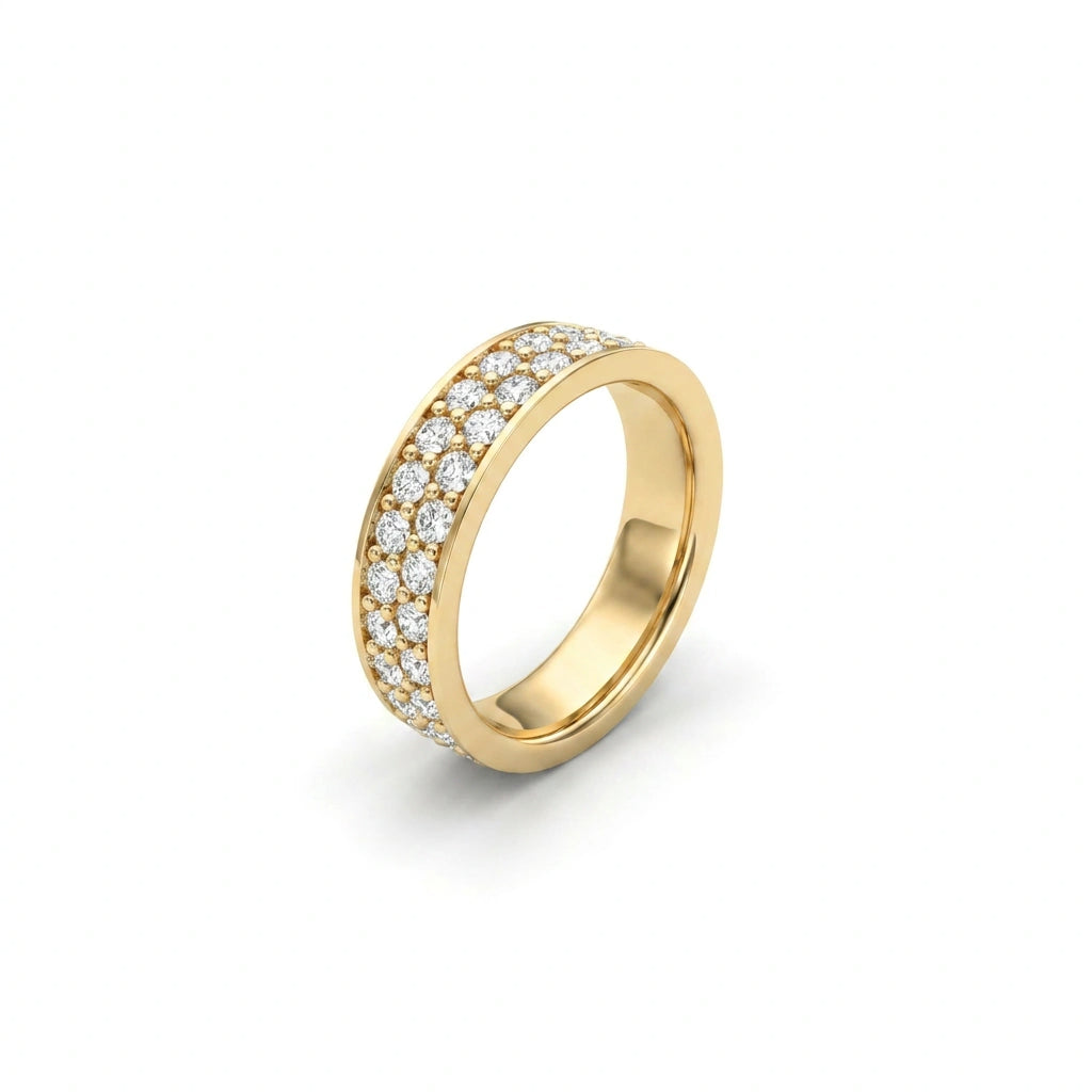 Double row diamond eternity band in yellow gold angled perspective showing pavé setting