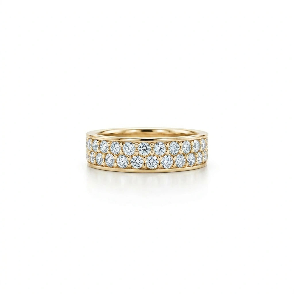 Radiant eternity double row diamond ring in solid 14k yellow gold front view