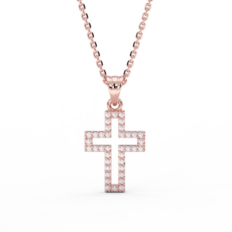 14K rose gold Radiant pavé cross pendant with round brilliant diamonds