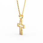 Angled view of 14K yellow gold Radiant pavé diamond cross pendant