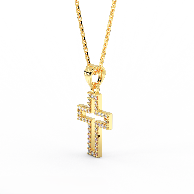 Angled view of 14K yellow gold Radiant pavé diamond cross pendant