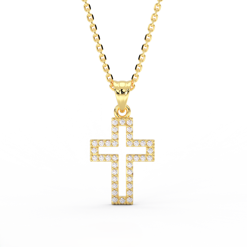 14K yellow gold Radiant pavé cross necklace with round brilliant diamonds