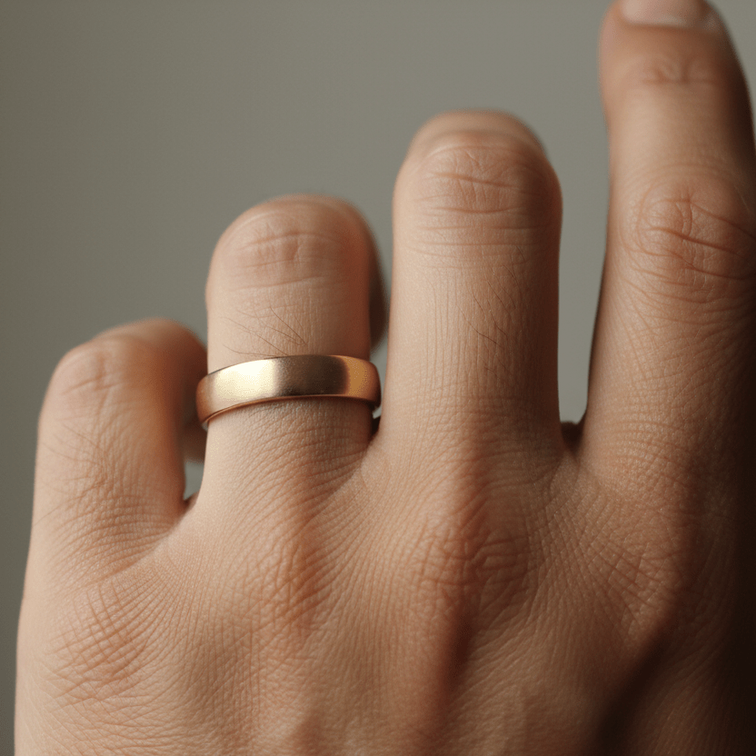 Ravenswood Brushed Band – 6mm 14K yellow gold men’s wedding ring worn on South American male hand, matte brushed finish in natural light.