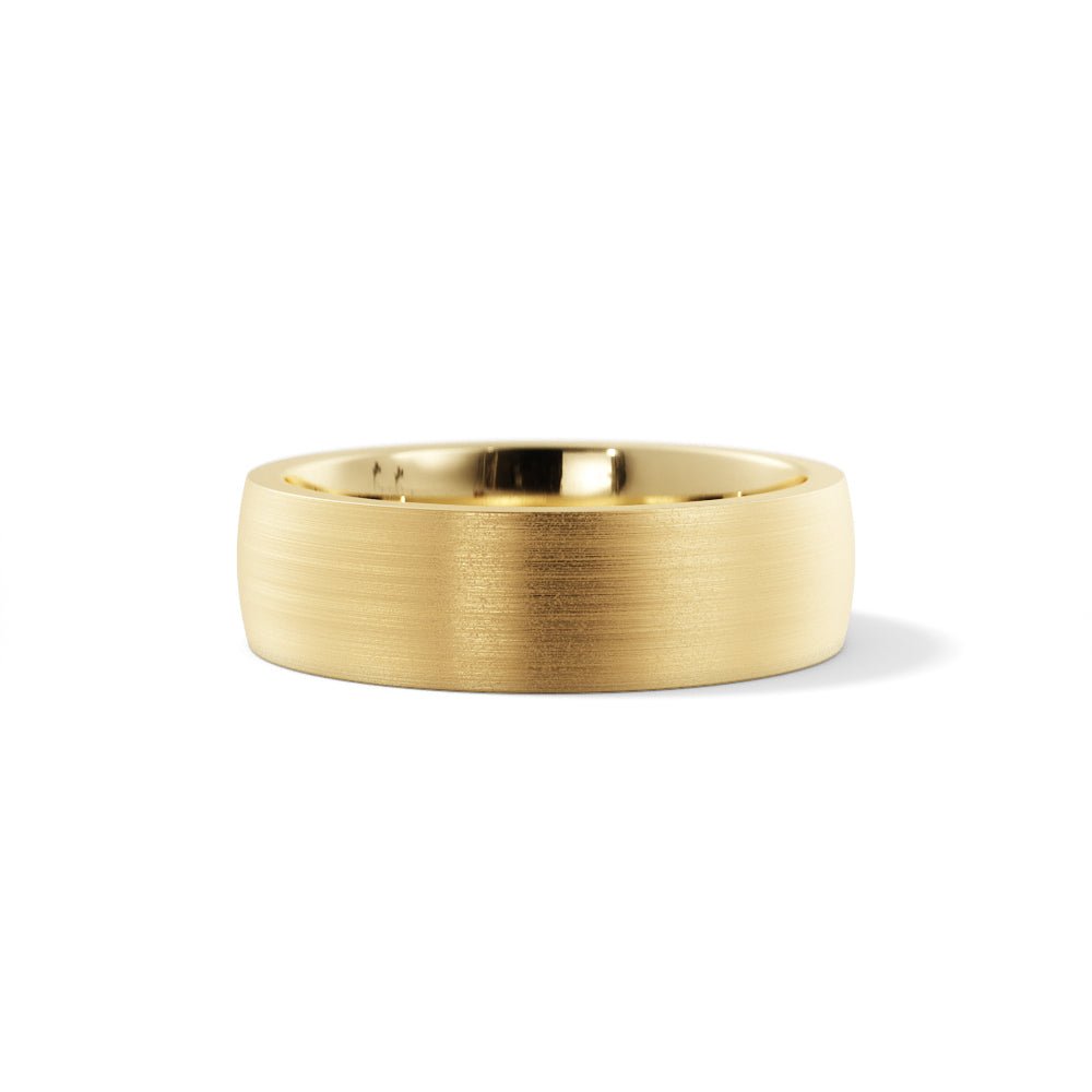 Ravenswood Brushed Band in 14K Yellow Gold – 6mm men’s wedding ring with matte finish, front view.
